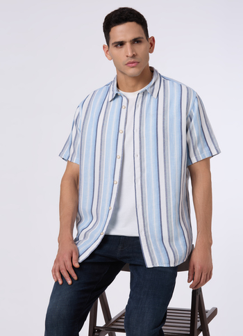 Men Blue Striped Regular Fit Short Sleeve Shirt