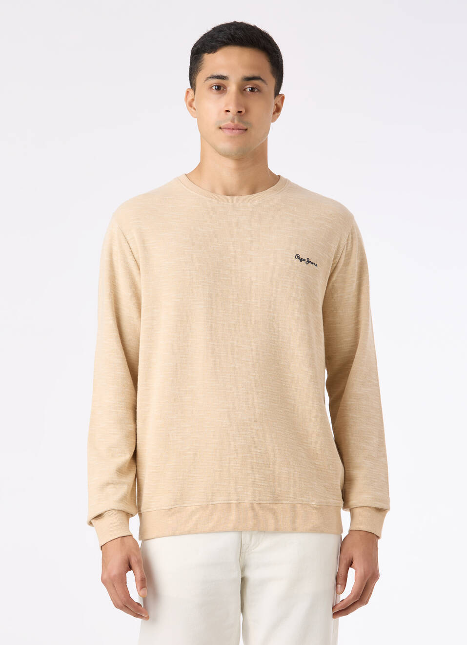 Men Ivory White Textured Crew Neck Sweatshirt, , large image number 1