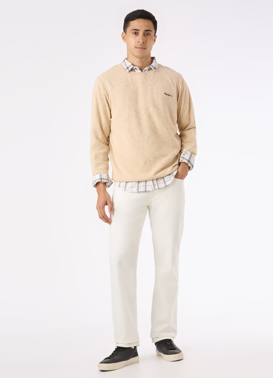 Men Ivory White Textured Crew Neck Sweatshirt, , large image number 5