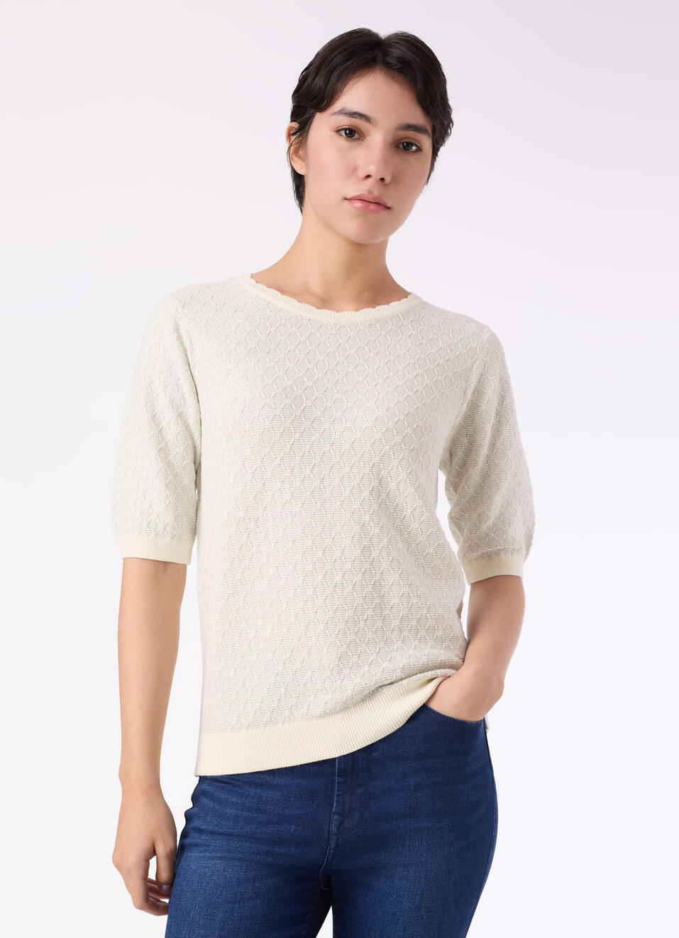 Women Ecru Textured Flat Knit Top, , large image number 1