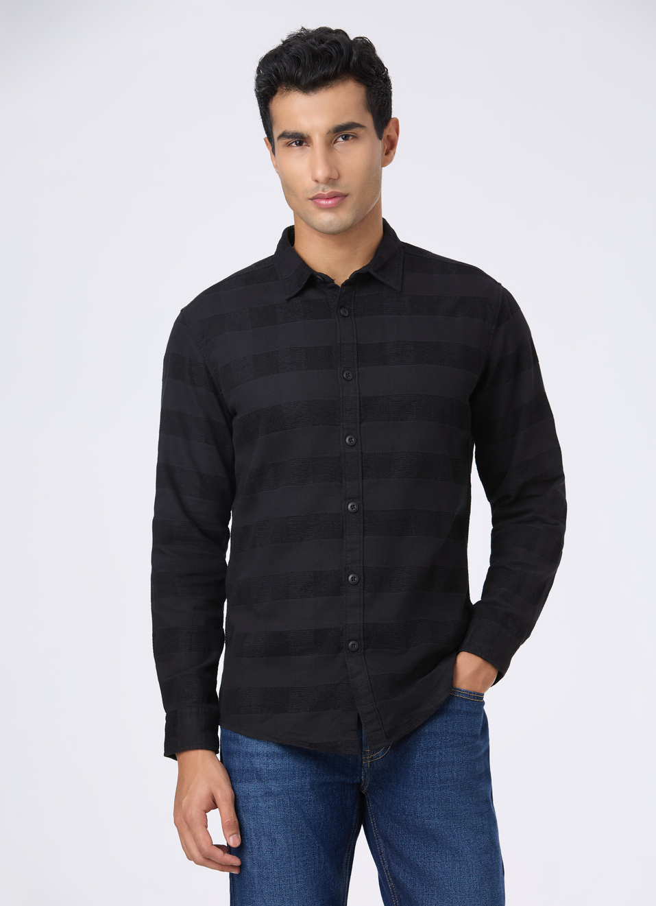 Men Black Stripe Full Sleeve Shirt, , large image number 1