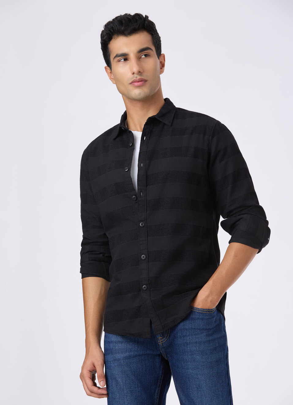 Men Black Stripe Full Sleeve Shirt, , large image number 0