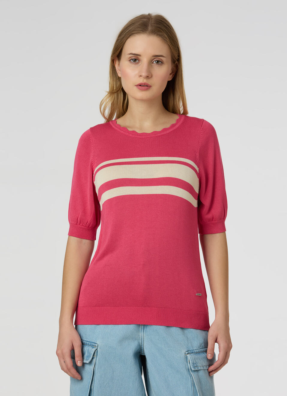 Women Pink Stripe Flat Knit Top, , large image number 1