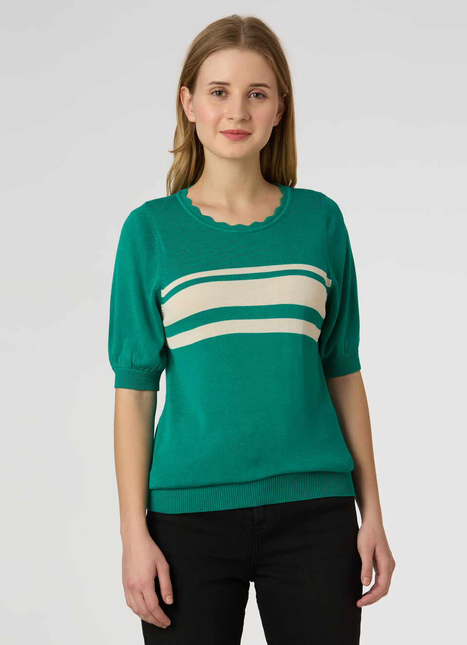 Women Green Stripe Flat Knit Top, , large image number 1