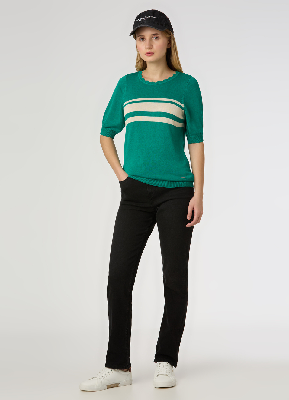 Women Green Stripe Flat Knit Top, , large image number 5