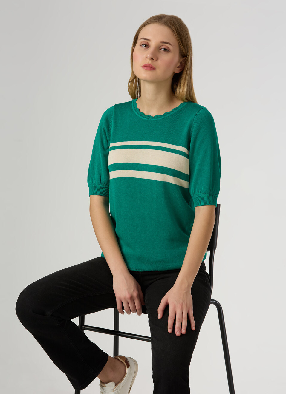 Women Green Stripe Flat Knit Top, , large image number 0