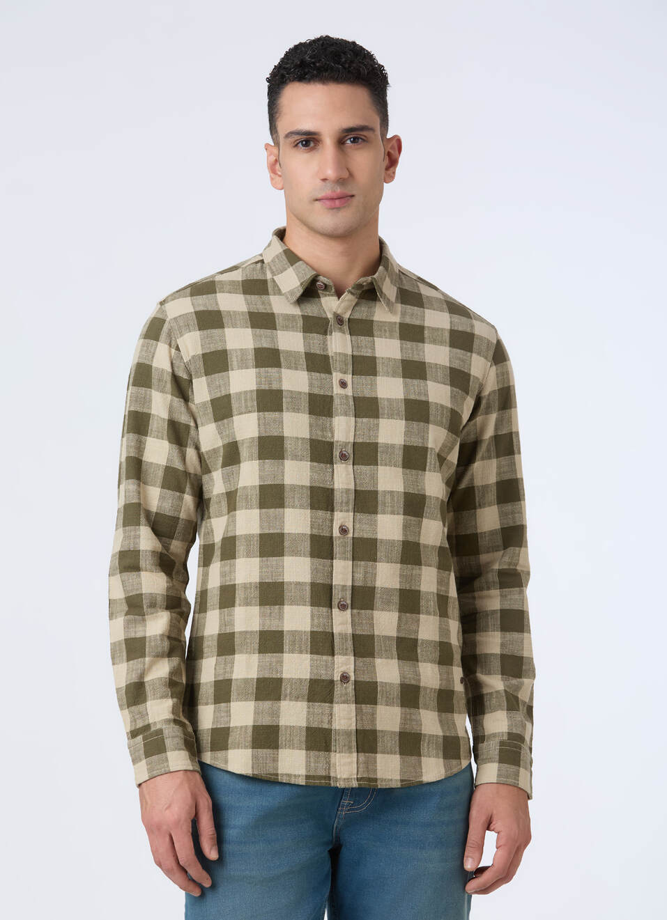 Men Olive Check Full Sleeve Shirt, , large image number 1