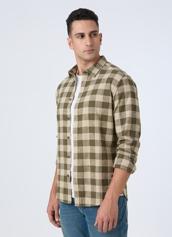 Men Olive Check Full Sleeve Shirt