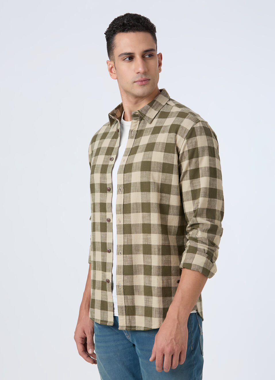 Men Olive Check Full Sleeve Shirt, , large image number 0