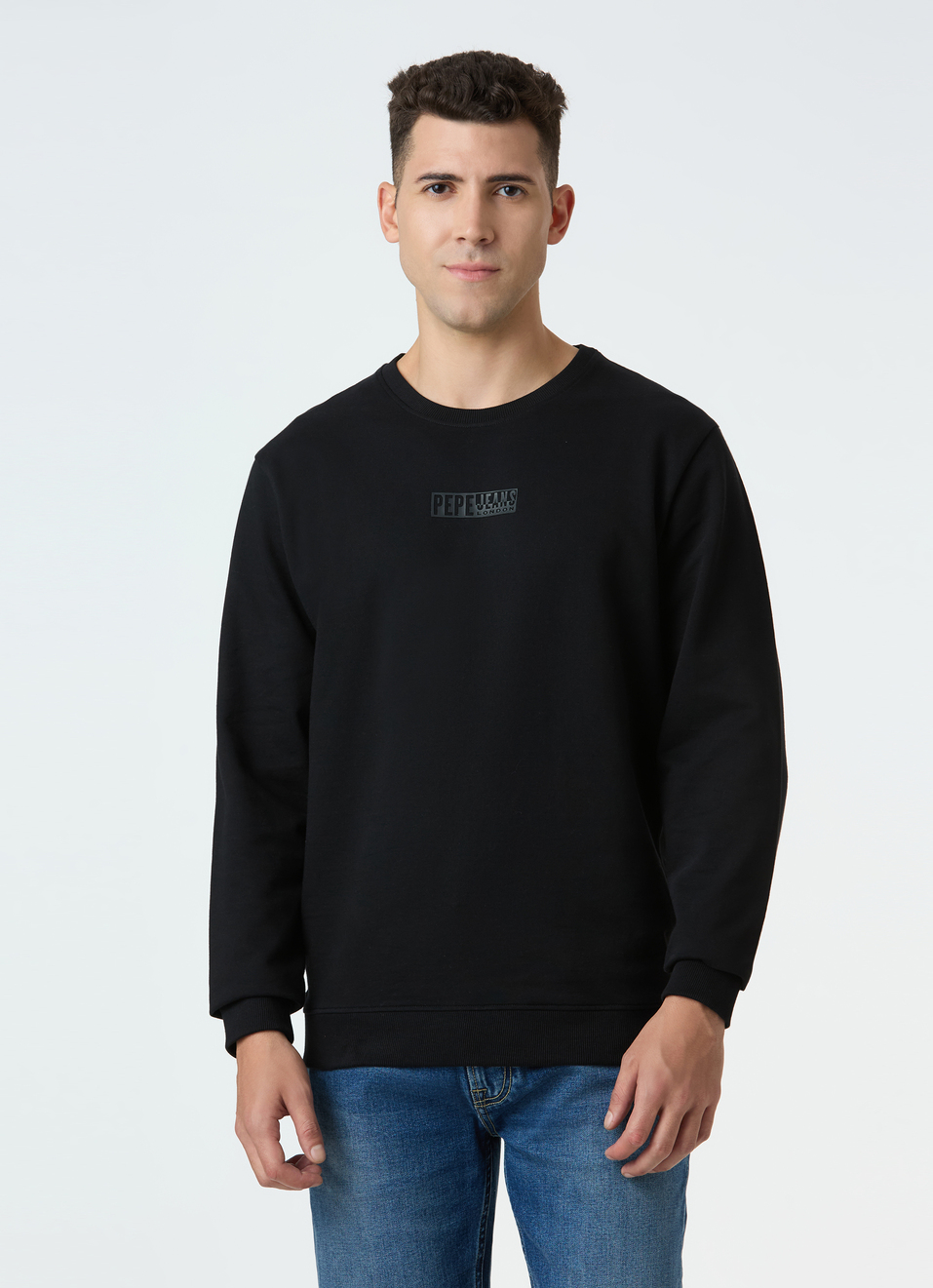 Men Black Crew Neck Sweatshirt With Logo Emboss, , large image number 1