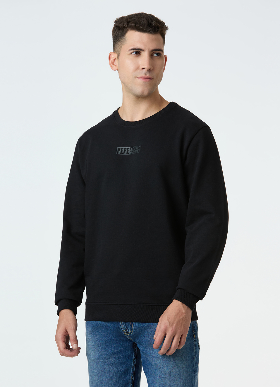 Men Black Crew Neck Sweatshirt With Logo Emboss, , large image number 3