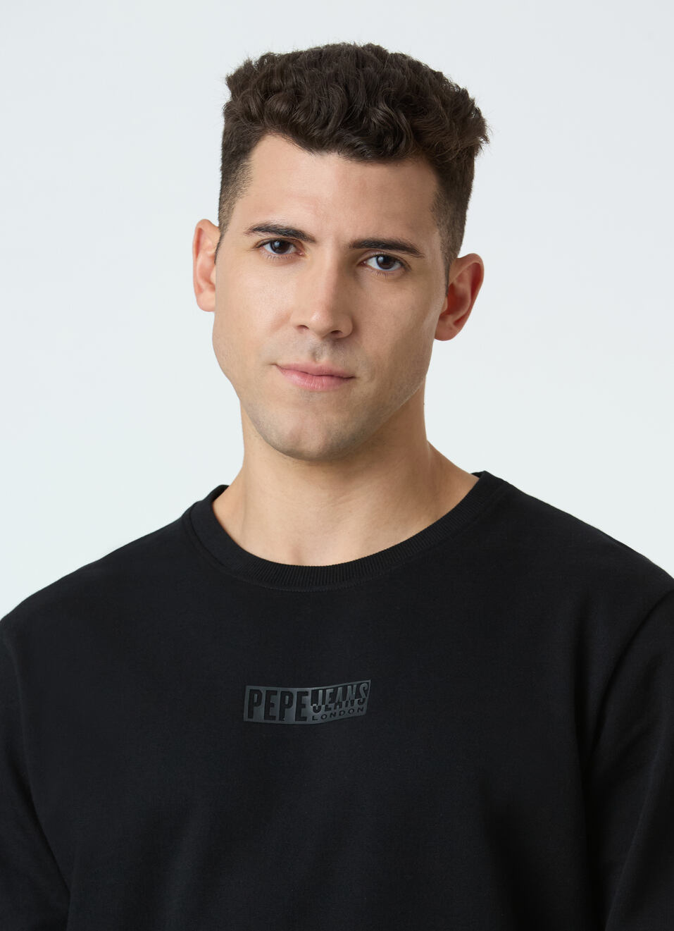 Men Black Crew Neck Sweatshirt With Logo Emboss, , large image number 4