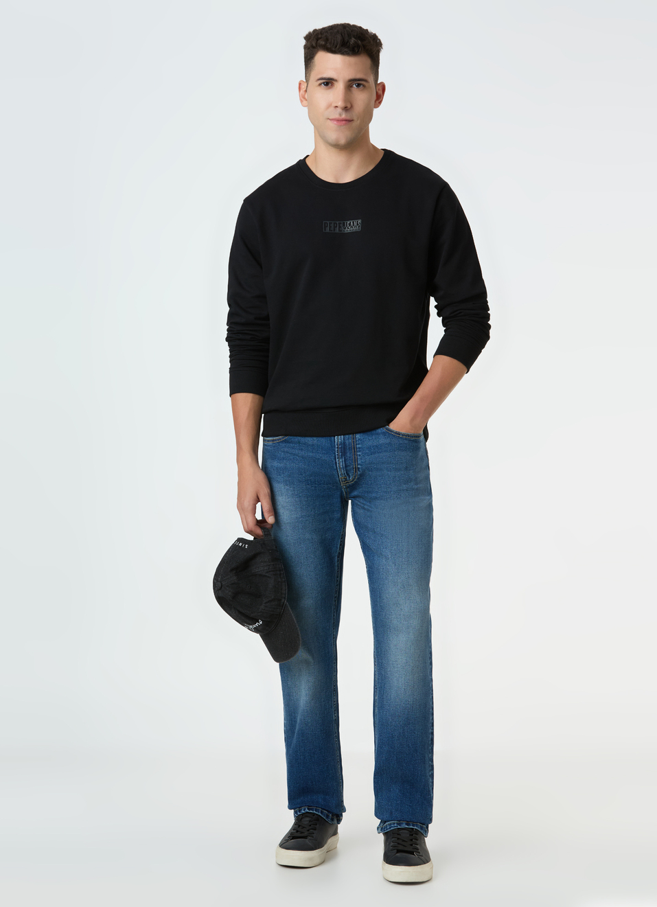 Men Black Crew Neck Sweatshirt With Logo Emboss, , large image number 5