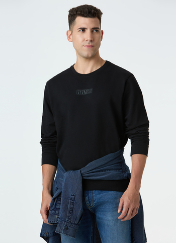 Men Black Crew Neck Sweatshirt With Logo Emboss