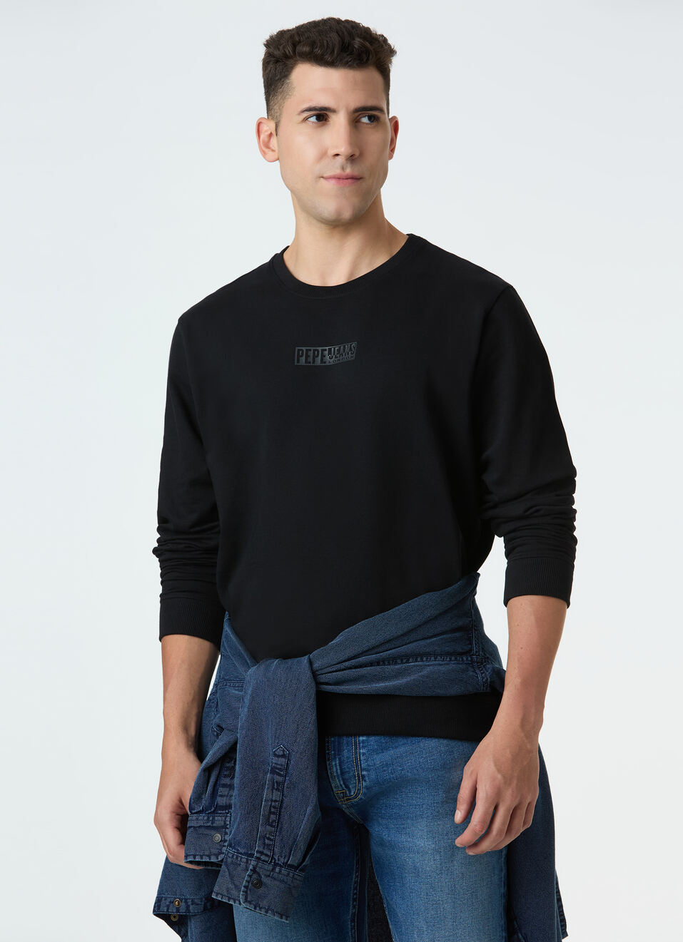 Men Black Crew Neck Sweatshirt With Logo Emboss, , large image number 0