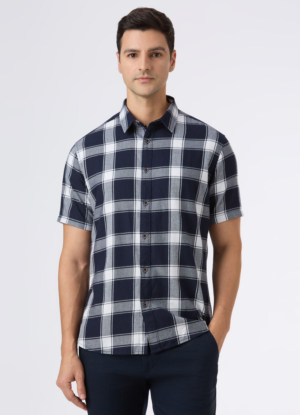 Men Navy Check Short Sleeve Shirt, , large image number 1