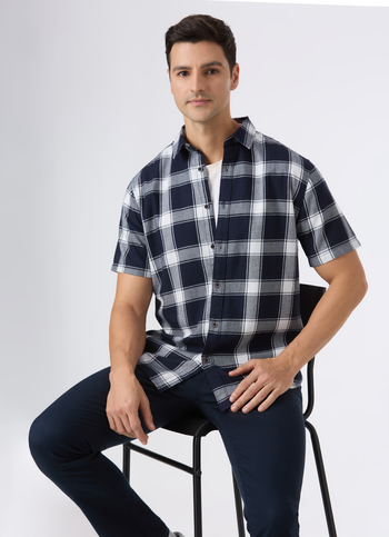 Men Navy Check Short Sleeve Shirt