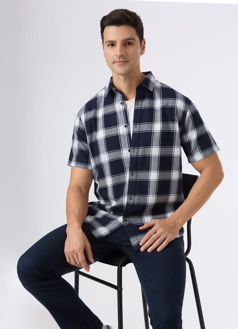 Men Navy Check Short Sleeve Shirt, , large image number 0