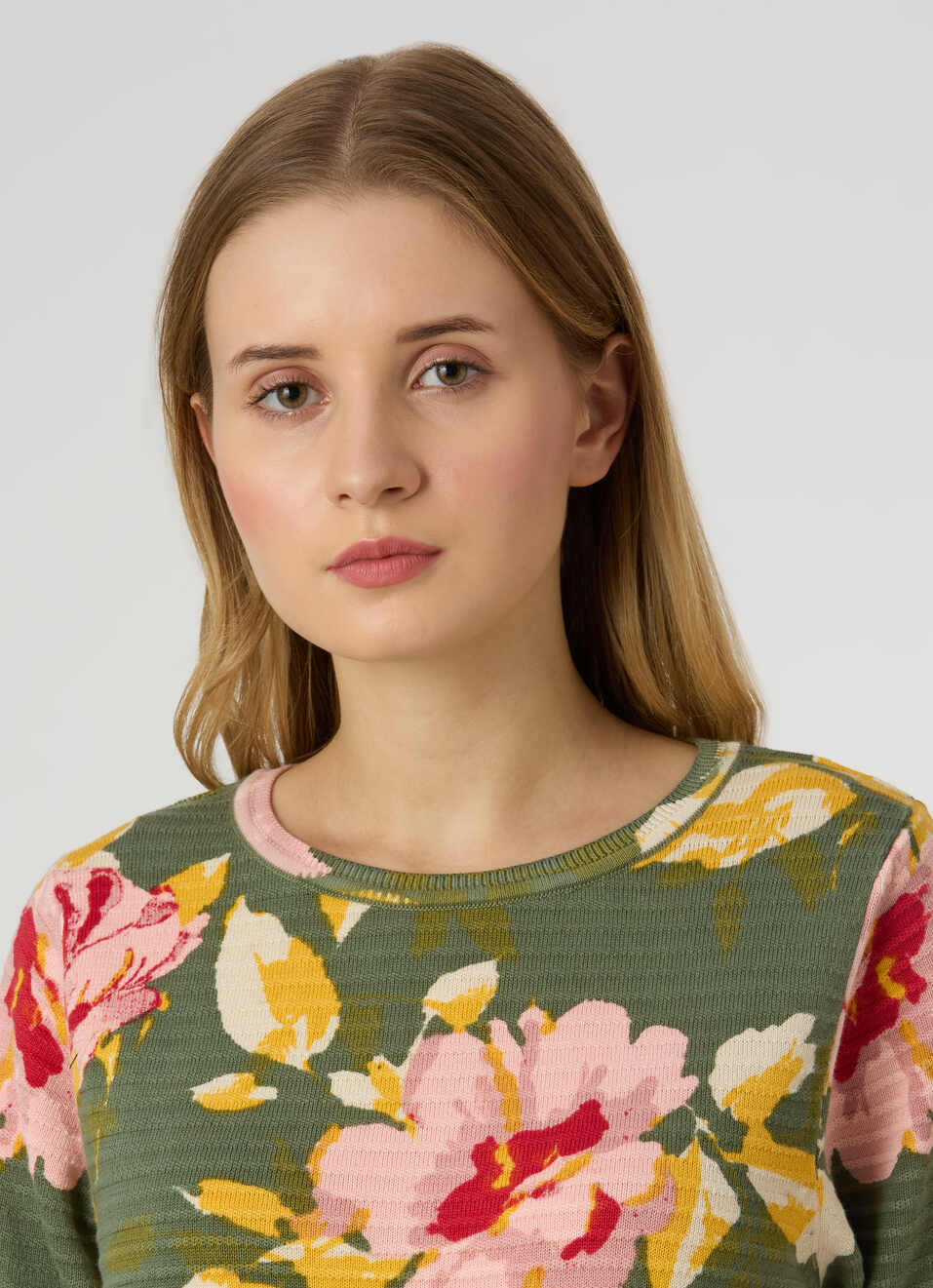 Women Green Floral Print Short Sleeve Flat Knit Top, , large image number 4