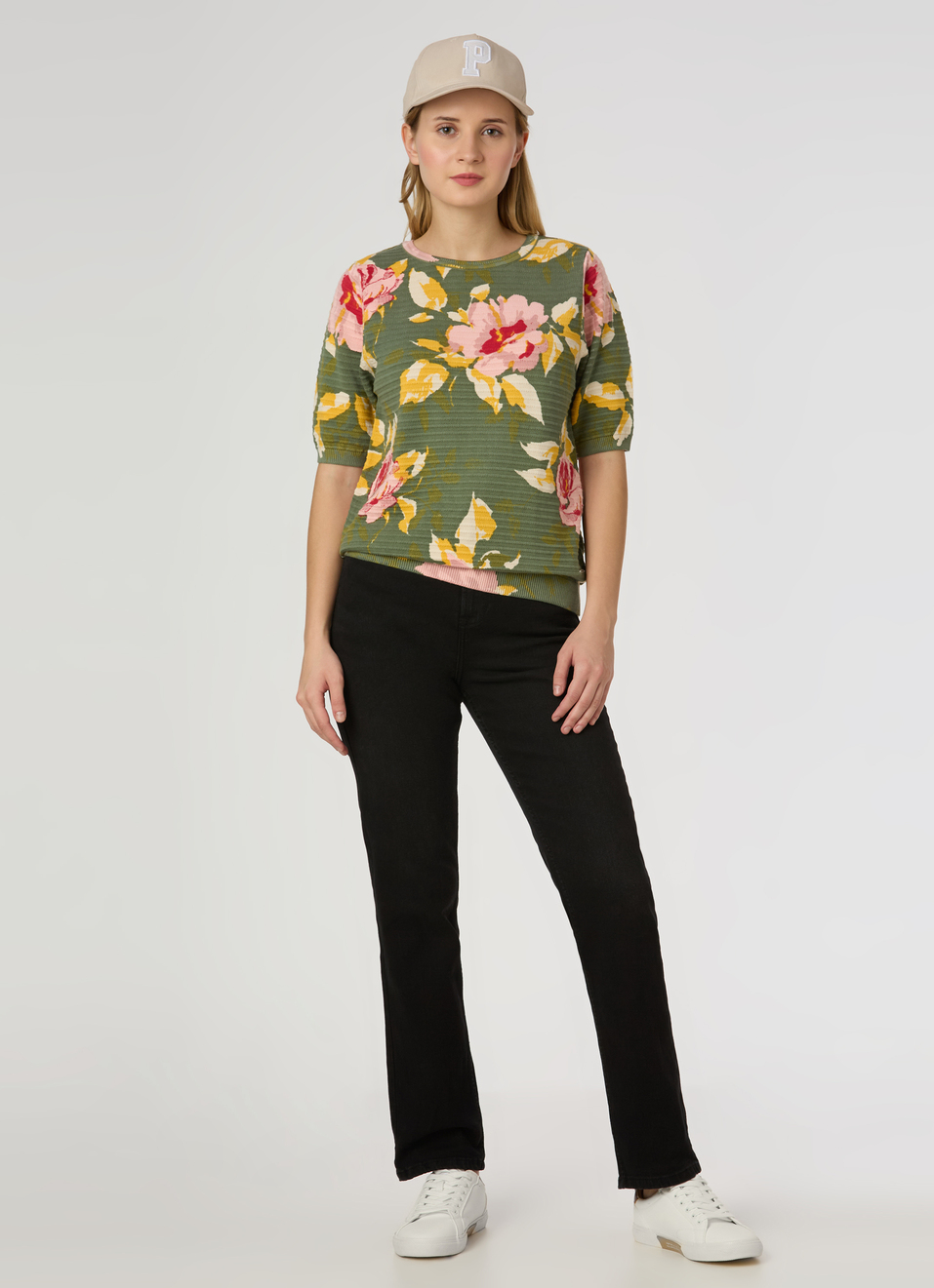 Women Green Floral Print Short Sleeve Flat Knit Top, , large image number 5