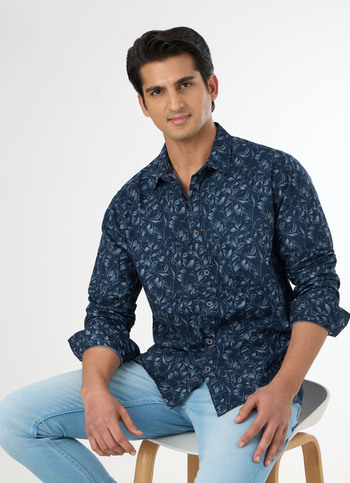 Men Blue Floral Print Shirt