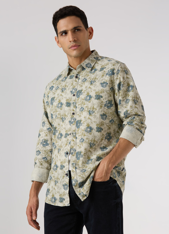 Men Beige Floral Print Casual Shirt