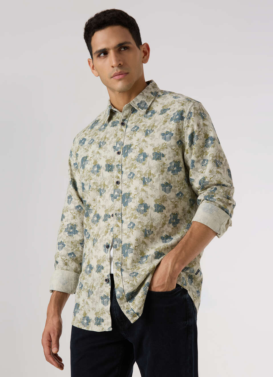 Men Beige Floral Print Casual Shirt, , large image number 0