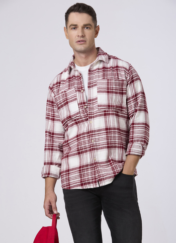 Men Red Checked Flap Pockets Casual Shirt