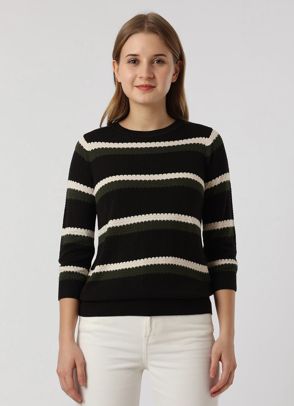 Women Black Striped Flat Knit Sweater, , large image number 1