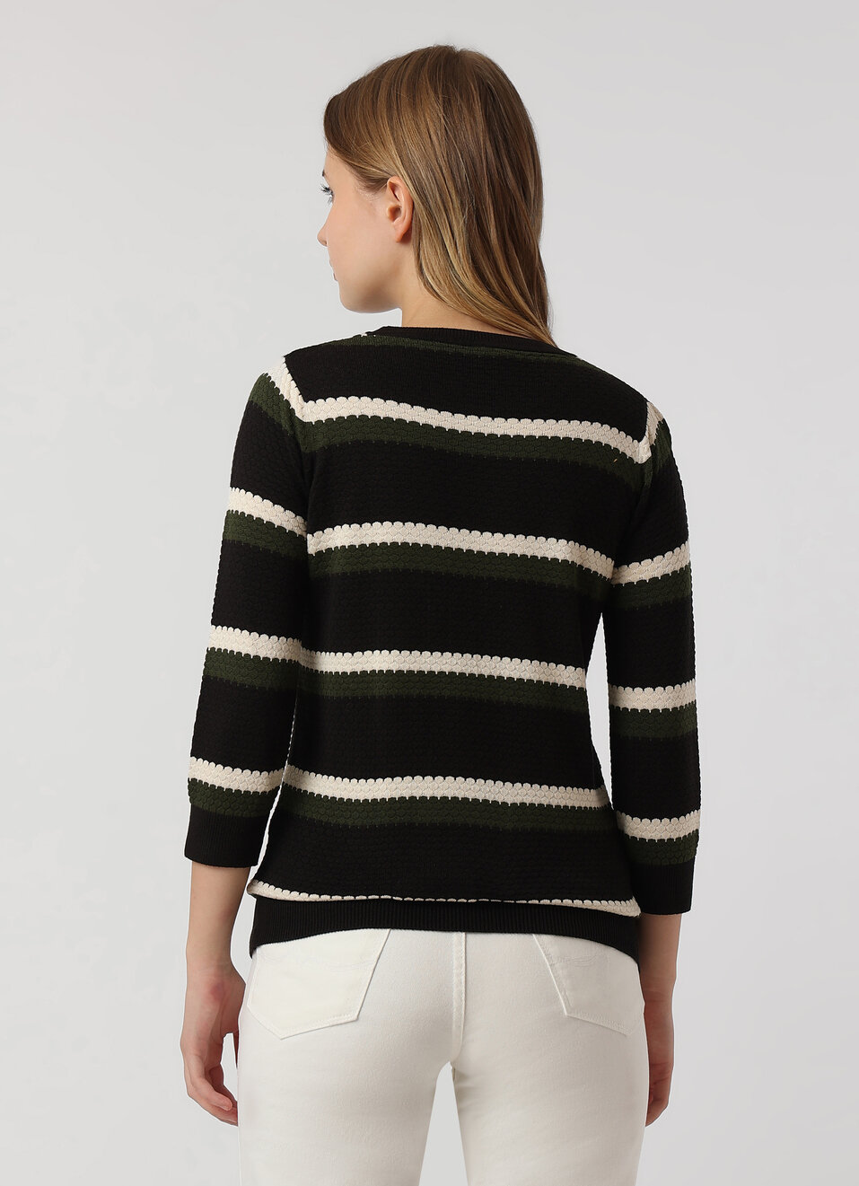 Women Black Striped Flat Knit Sweater, , large image number 2