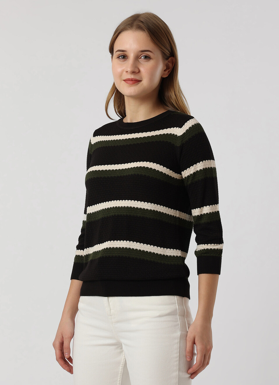Women Black Striped Flat Knit Sweater, , large image number 3