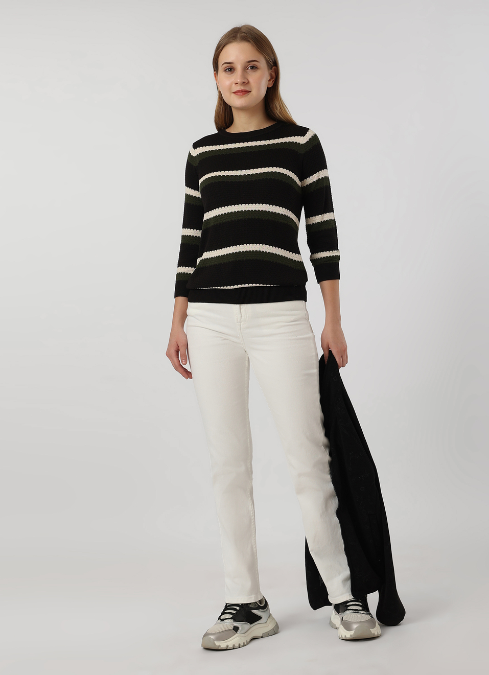 Women Black Striped Flat Knit Sweater, , large image number 5