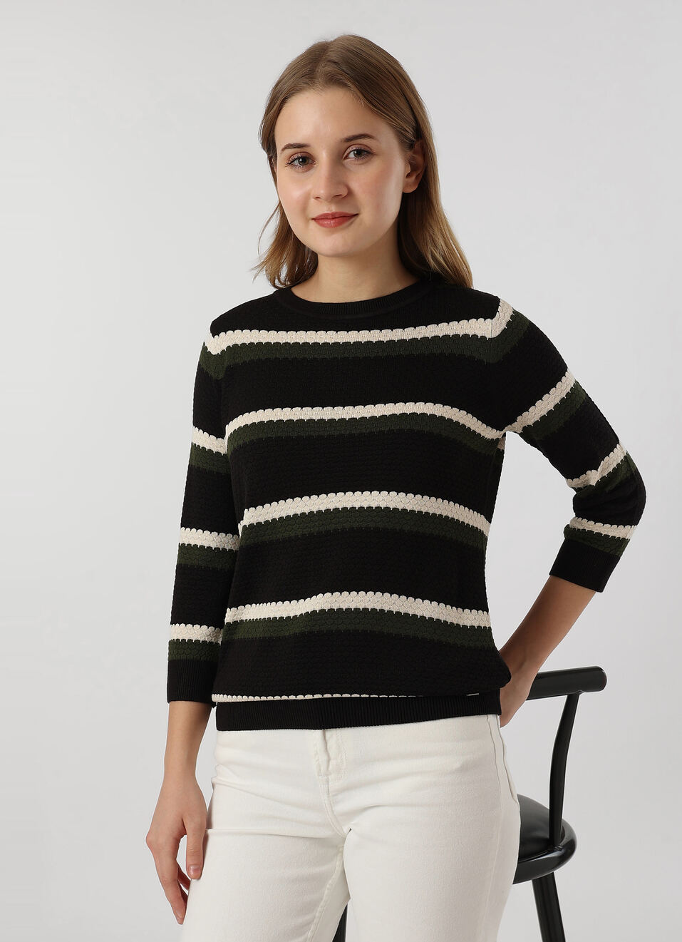 Women Black Striped Flat Knit Sweater, , large image number 0