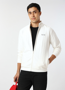 Men White Regular Fit Textured Zip Up Sweatshirt | Pepe Jeans India