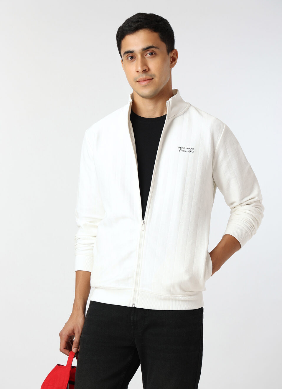 Men White Regular Fit Textured Zip Up Sweatshirt, , large image number 0