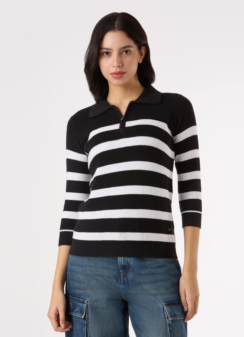 Women Black Horizontal Stripe Regular Polo Top With 3/4 Sleeve, , large image number 1