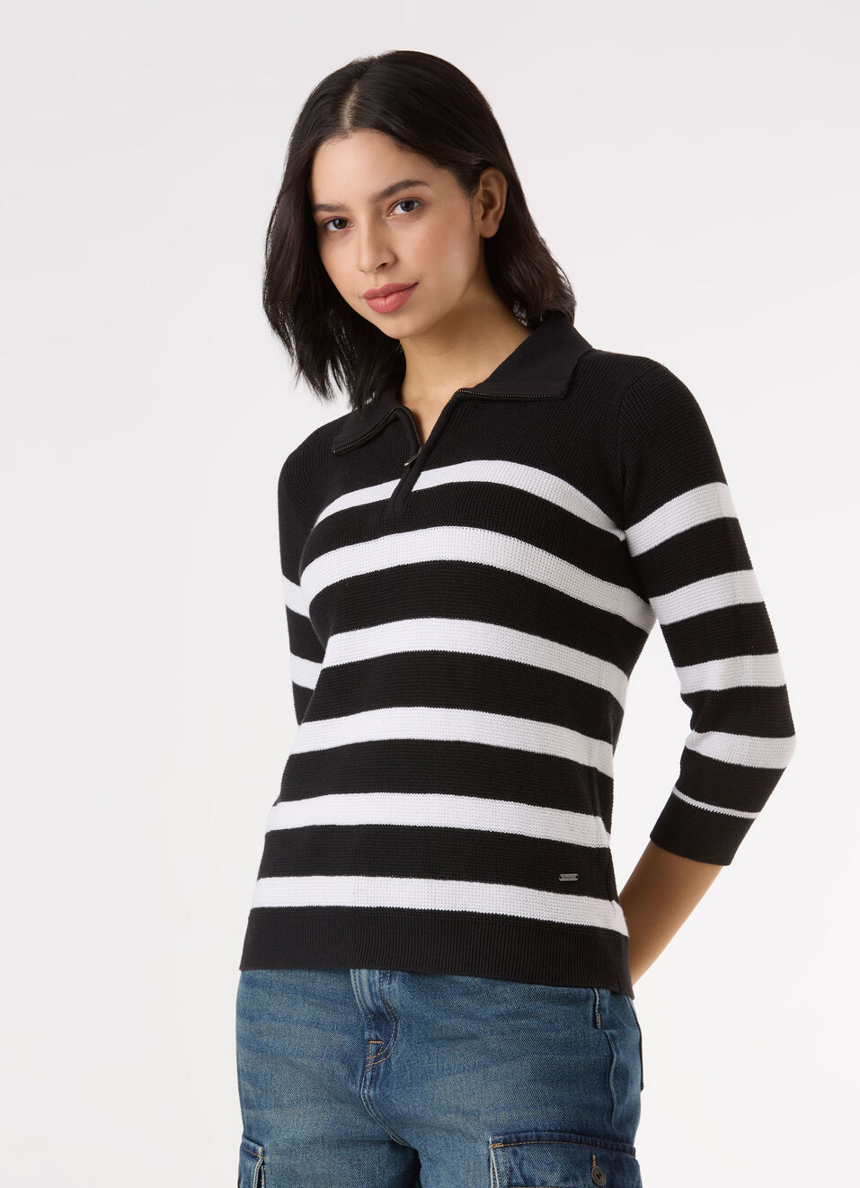 Women Black Horizontal Stripe Regular Polo Top With 3/4 Sleeve, , large image number 3
