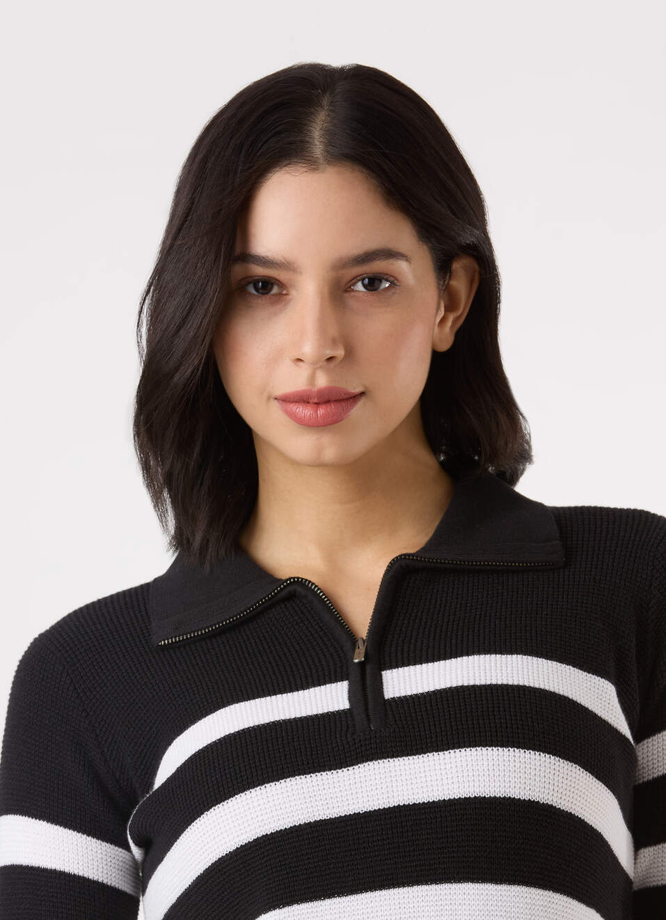 Women Black Horizontal Stripe Regular Polo Top With 3/4 Sleeve, , large image number 4
