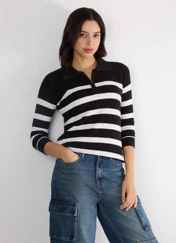 Women Black Horizontal Stripe Regular Polo Top With 3/4 Sleeve