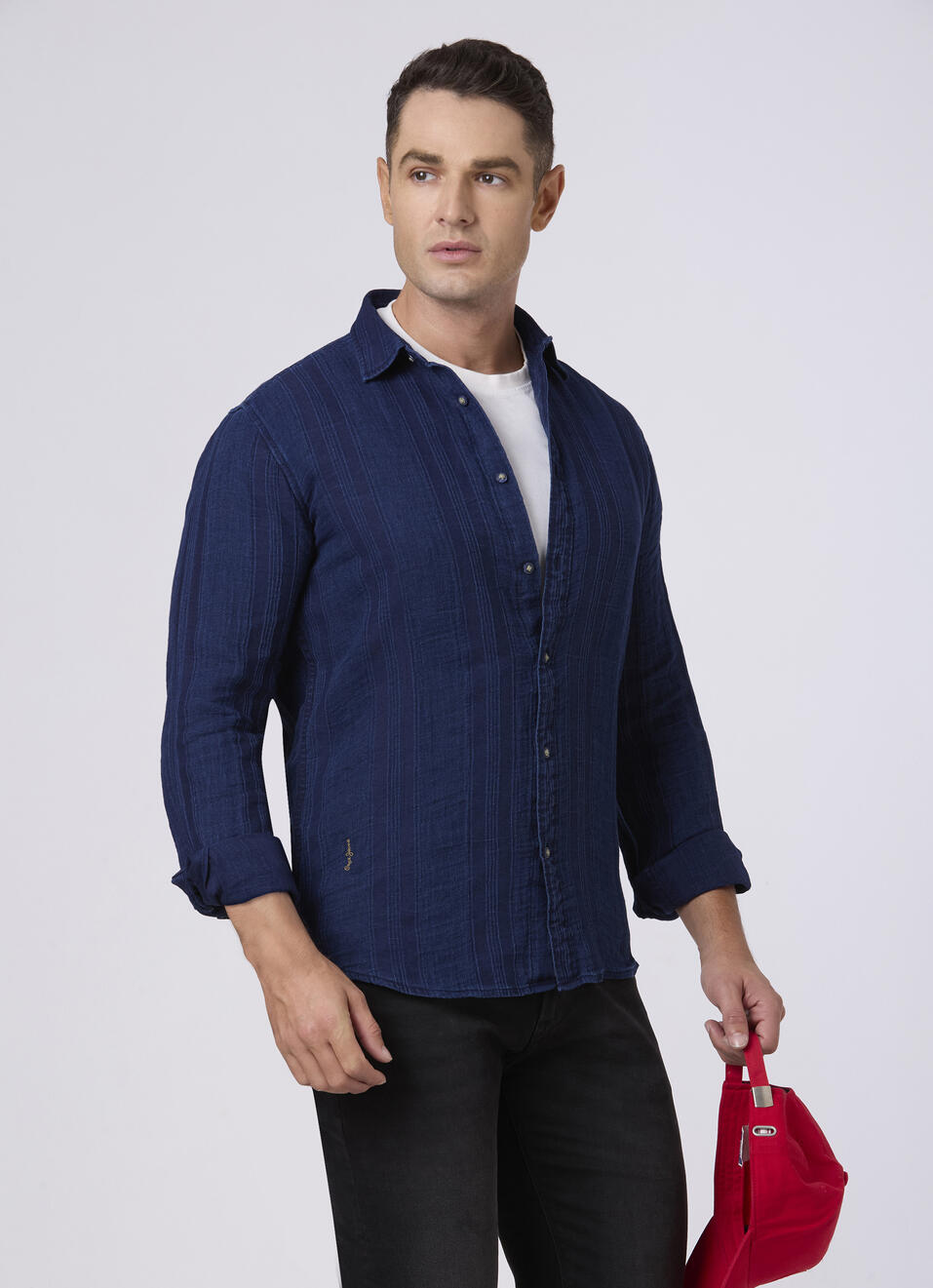 Men Indigo Blue Textured Stripe Casual Shirt, , large image number 0