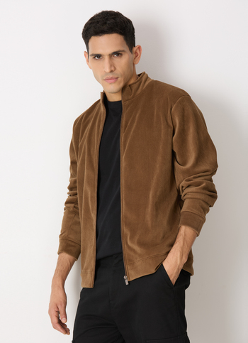 Men Tan Brown Textured Zip Up Sweatshirt