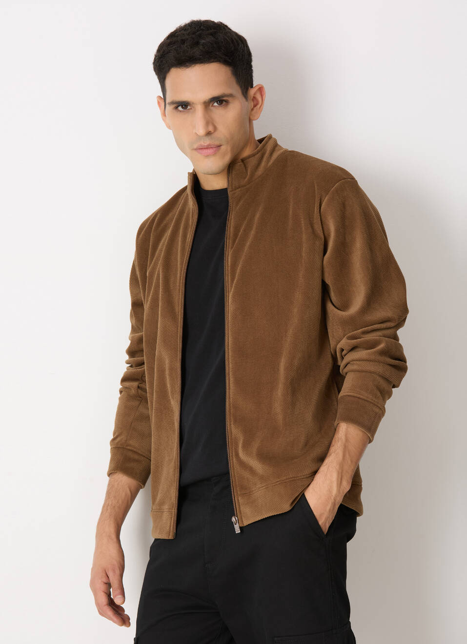 Men Tan Brown Textured Zip Up Sweatshirt, , large image number 0