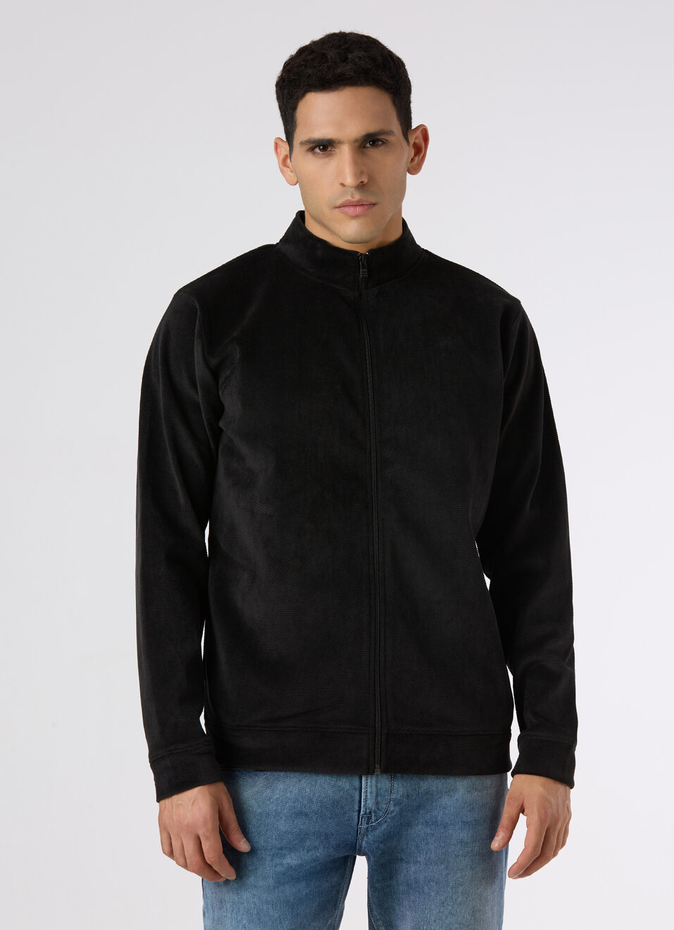 Men Black Textured Zip Up Sweatshirt, , large image number 1