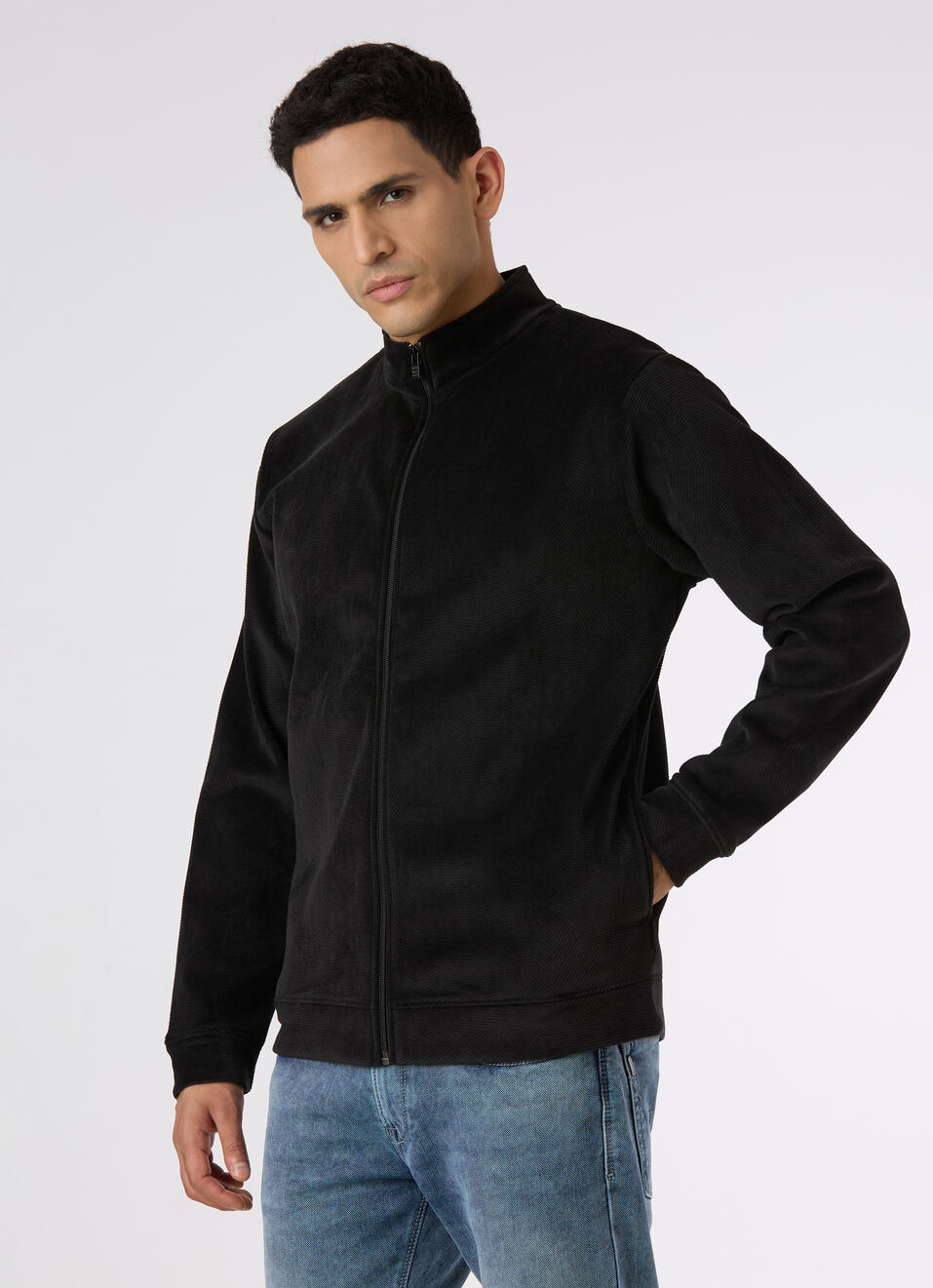 Men Black Textured Zip Up Sweatshirt, , large image number 3