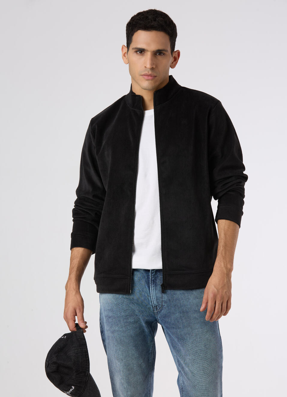 Men Black Textured Zip Up Sweatshirt, , large image number 0
