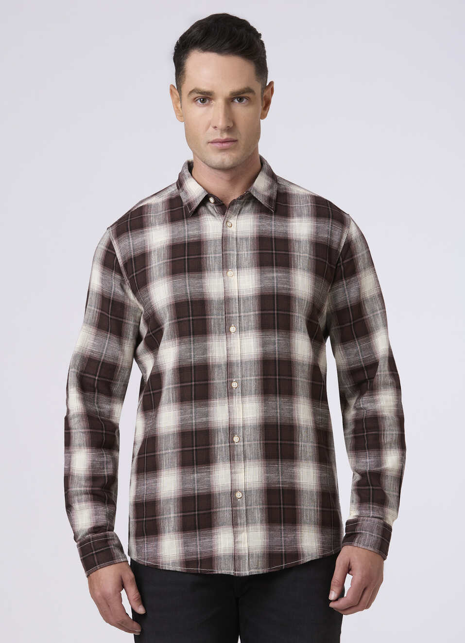 Men Brown Checked Full Sleeve Shirt, , large image number 1