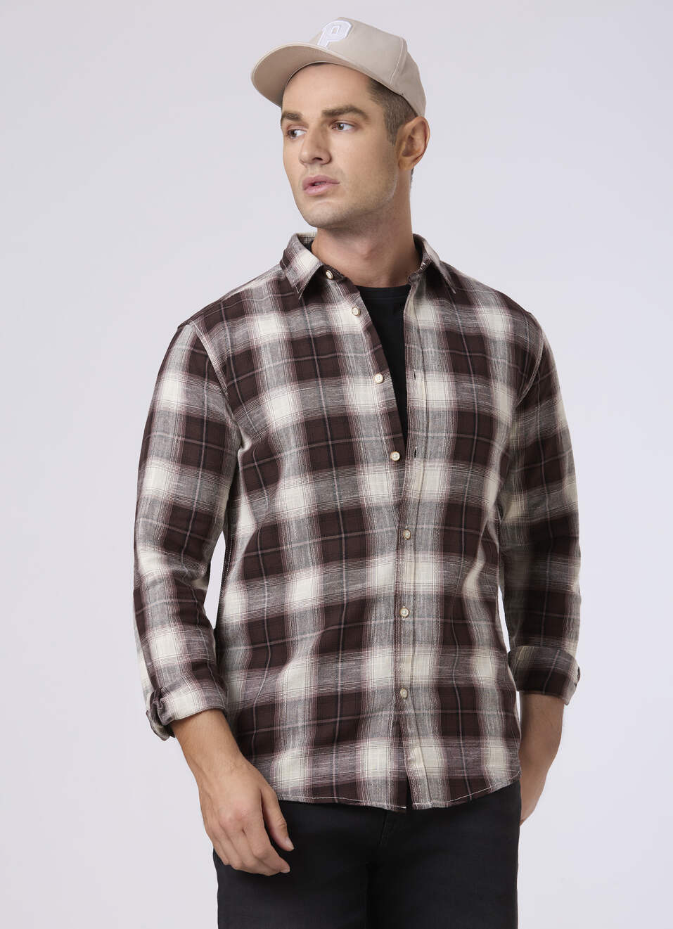 Men Brown Checked Full Sleeve Shirt, , large image number 0