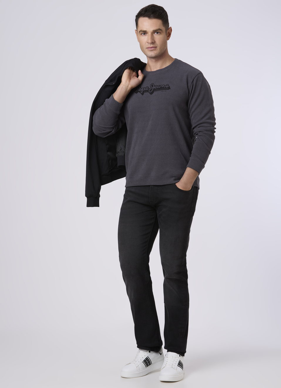 Men Grey Textured Logo Print Sweatshirt, , large image number 5