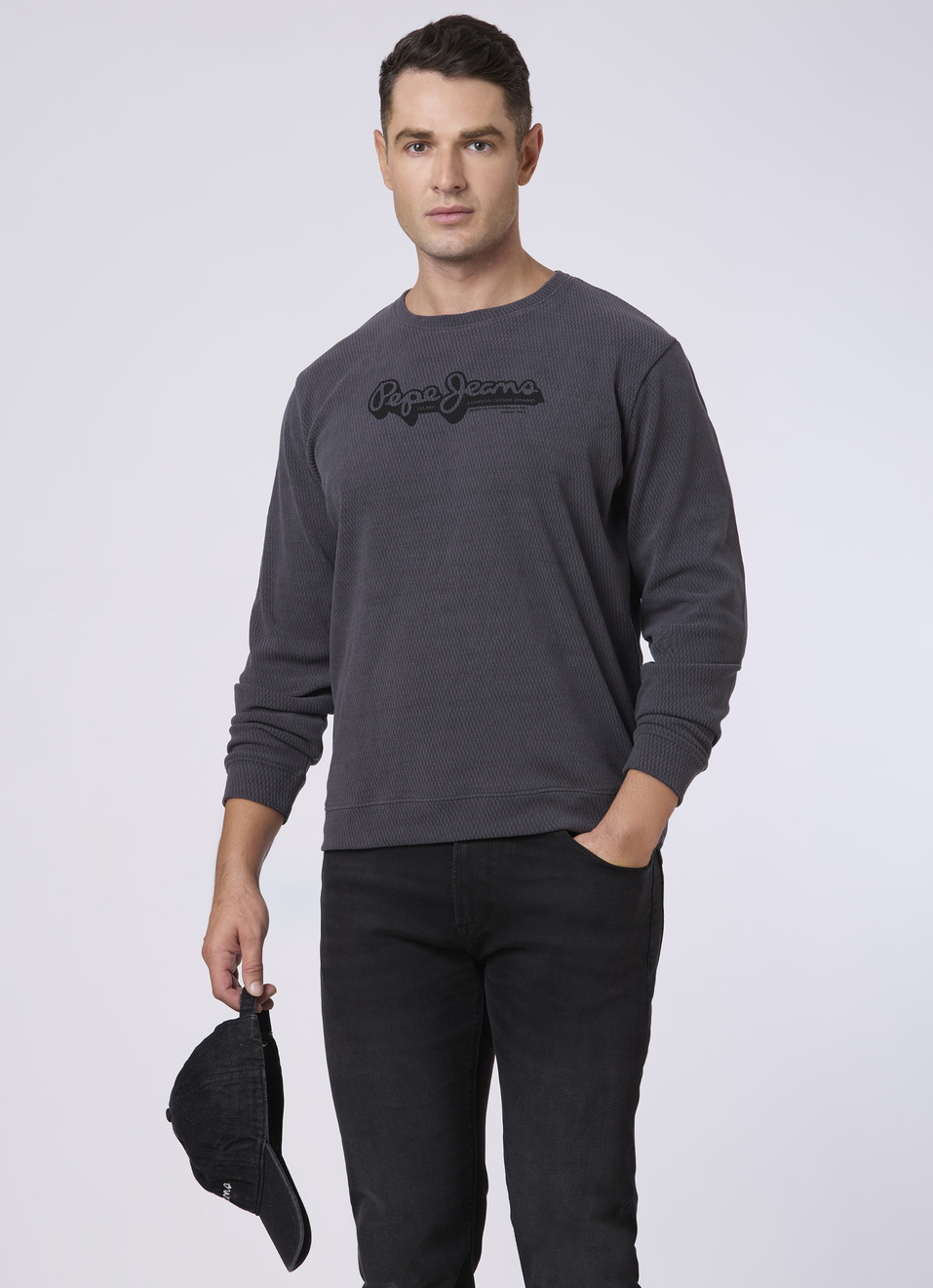 Men Grey Textured Logo Print Sweatshirt, , large image number 0