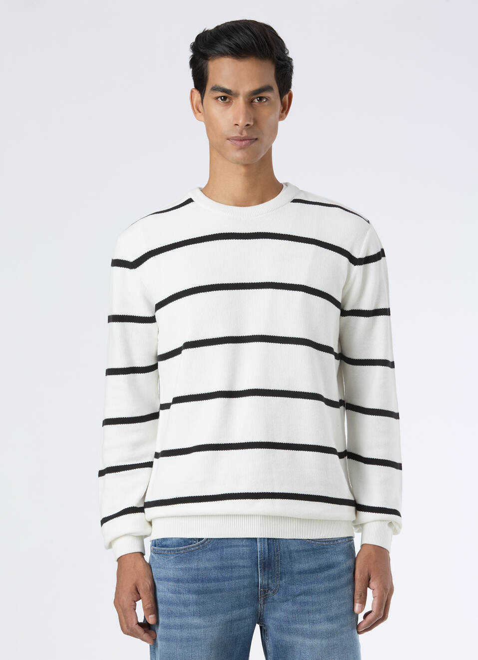 Men White Horizontal Stripe Flat Knit, , large image number 1